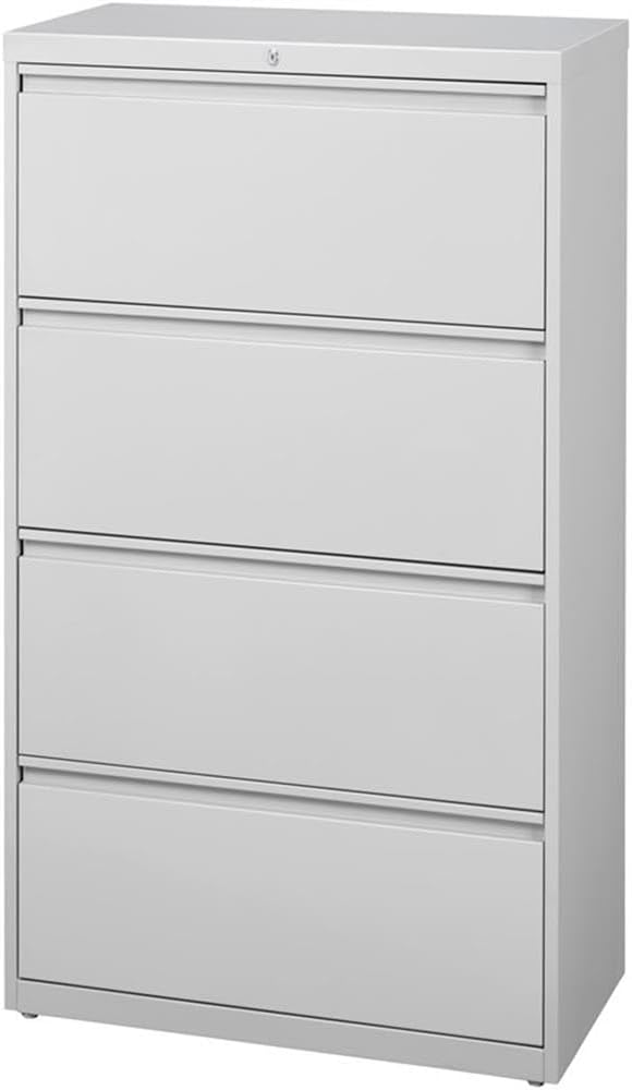 BOWERY HILL 36-Inch Wide Metal 4 Drawer Lateral File Cabinet, Light Gray Finish, Durable Steel Construction, Interlock System and Dual Lock Bars, Adjustable Leveling Glides, Office Storage