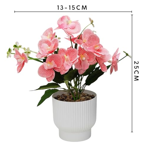 Image of CURATED CART Flower Pot with Artificial Flowers - Orchid Peach Flower with White Vase | Ideal for Home Decor | Office Decor | Gifting | Size 25 x 15cm