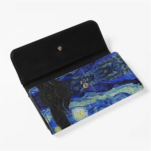 Image of AFPANQZ Starry Night Long Clutch Wallet Women's Casual Leather Wallet Soft Leather Trifold Multi Card Organizer Phone Holder Lady Purse Buckle Zipper Coin Pocket Blue