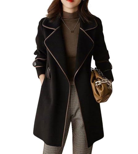 chouyatou Women's Winter Elegant Lapel Open Front Wool Coat Wool Blend Trench Pea Coat with Belt