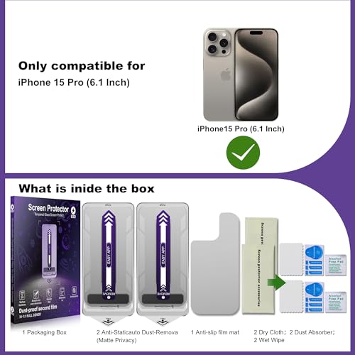 YIMGEAR 2-Pack Matte Privacy Screen Protector for iPhone 15 Pro,Anti-Glare & 25°Anti-Spy,Anti-Reflection,Anti-Fingerprint,Auto Dust Removal,Easy Installation by YIMGEAR - Used condition - Image 2
