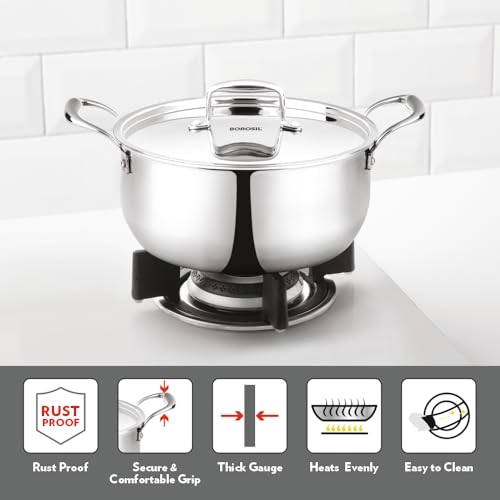 Image of Borosil Cookfresh Tri-ply Casserole 18cm (2.1 L) Steel Handle | SS304 Food Grade Steel, Dishwasher Safe | Compatible for Gas, Induction, Hot Plate, Halogen | 5 Years Warranty