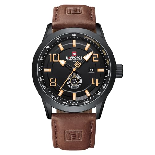NAVIFORCE Sport Watches for Men Leather Band Waterproof Quartz Analog Wristwatch Easy to Read with Auto Date