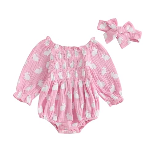 MOLZULAMS Newborn Baby Girl Easter Outfit Bunny Smocked Bubble Romper Ruched Bodysuit My First Easter Cute Fall Clothes (Pink, 0-3 Months)