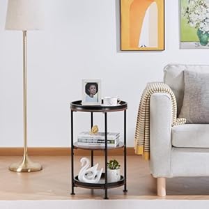 Dulcii side table round end table with 3 storage shelves for living room bedroom nightstand with steel frame for small spaces industrial round sofa table outdoor accent coffee table rustic brown  urban country home decor
