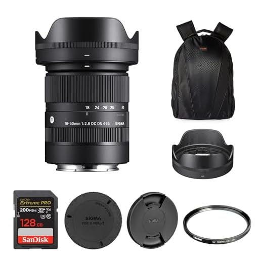 Sigma 18-50mm F2.8 DC DN Contemporary Lens for Sony E-Mount with Tiffen 55mm UV Protector Filter, SanDisk 128GB Extreme PRO UHS-I SDXC Memory Card and Waith Camera Backpack (Bundle Set)