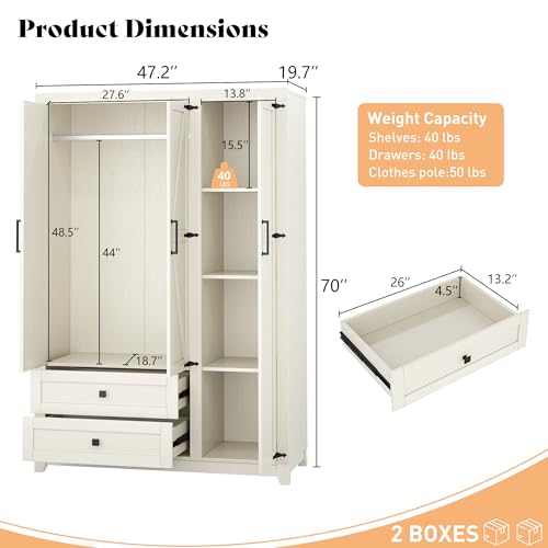 image for AMERLIFE Farmhouse 3 Door Wardrobe Closet with 2 Drawers & Hanging Rod