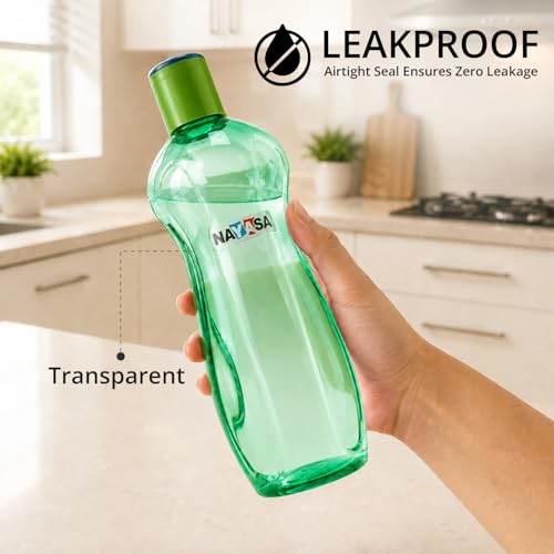 Image of Nayasa Loopy 1000 ML Pet Plastic Fridge Water Bottles Set of 6 | BPA Free | Leak Proof | Airtight Lid | Green