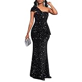 Cololura Women Sexy Sequin One Shoulder Mermaid Formal Party Cocktail Gowns Bodycon Evening Maxi Dress Black