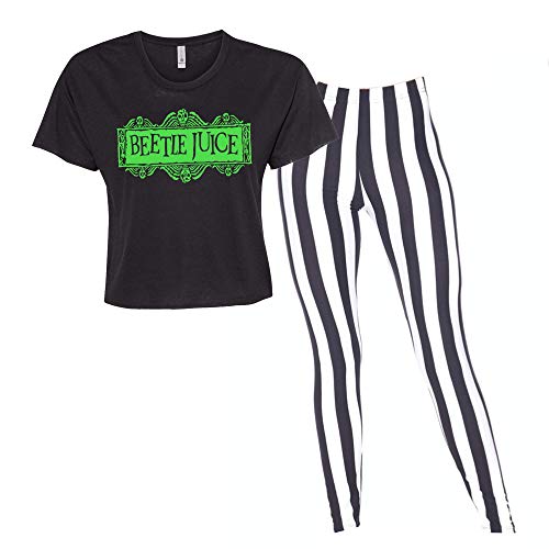 A Dash of Chic Beetlejuice Outfit- Womens Black Crop Shirt Black White Striped Leggings- Beetle Juice Costume (Small Shirt/Reg Leggings)