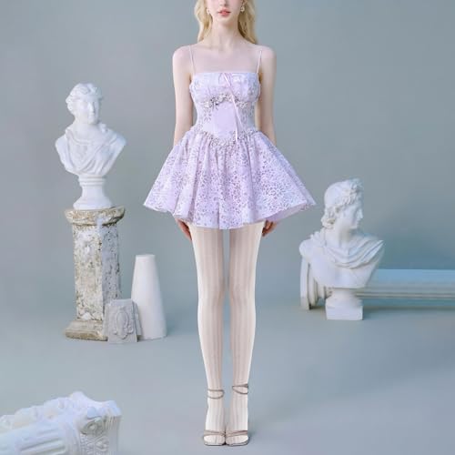 MANZI Women's Hollow Out Knitted Patterned Tights White Lace Fishnet Stockings Vertical Strips Pantyhose with High Waist