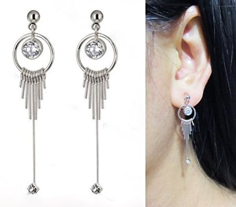 Minimalist Clear Crystal Rhinestone Fringed Tassel Bar Wedding Bridal Dangle Clip on Earrings, Invisible Silver Fringed Bar Tassel Clip-ons