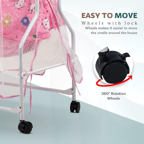 Image of BAYBEE Cradle for New Born Baby with Mosquito Net & Bedding Set, Baby Jhula, Thottil, Infant Uyyala, Safety Spring Palna, Cotton Sleeping Swing for Boys & Girls (Pink)