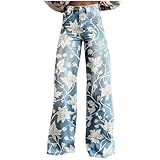 Sinzelimin Women's Wide Leg Pants Fashion Boho Style Faux Denim Print Button Zipper Closure Casual Pocket Palazzo Sweatpant Beige X-Large