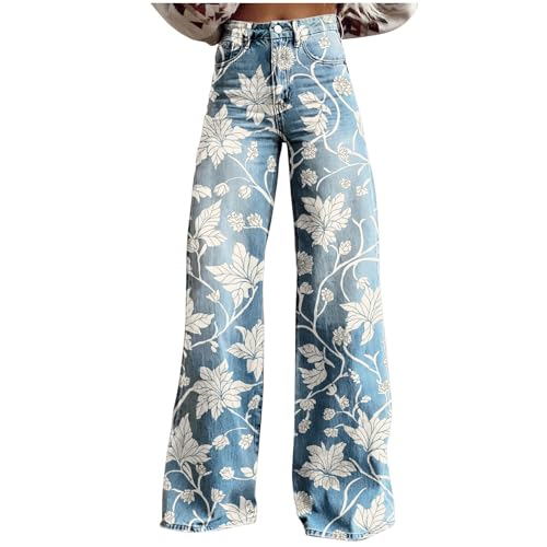 Womens Floral Print Wide Leg Fake Denim Pants Plus Size Casual Graphic High Waisted Strethy Jeans Flare Trousers