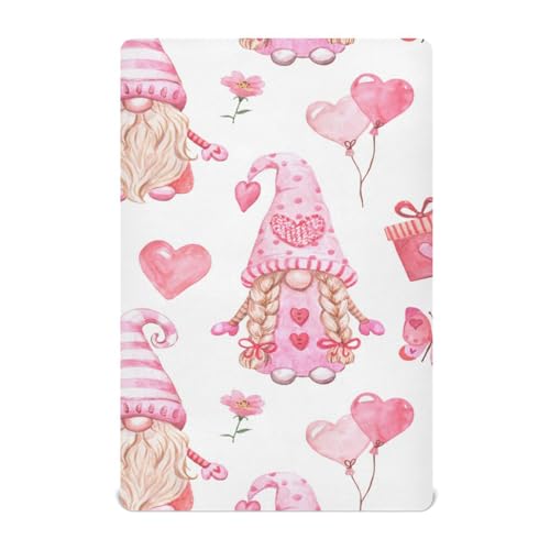 Moudou Valentine's Day Gnome Playard Sheet for Boy Girls, Soft Breathable Fitted Toddler Sheet for Standard Playard Bed Mattress, 39 x 27 x 5 Inch