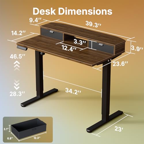 Image of HUANUO 40 inch X 24 inch Electric Standing Desk with 2 Drawers, C-Clamp Mount Compatible, Height Adjustable Computer Desk, Home Office Stand Up Desk with 4 Preset Heights & 2 Hooks, Walnut
