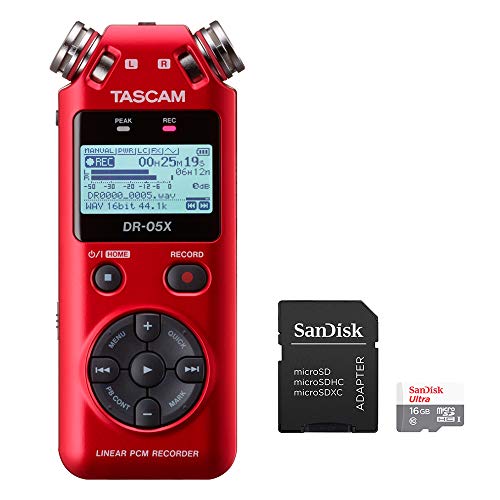 Tascam DR-05X RED Stereo Handheld Digital Recorder and USB Audio Interface with 16GB MicroSD Memory Card