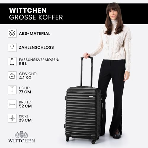 WITTCHEN Reisekoffer Groß Rollkoffer Trolley Großer Koffer Check-In Gepäck Hartschale aus ABS 4 Spinner-Rollen Zahlenschloss Groove Line Größe L schwarz Lufthansa/Eurowings/Ryanair