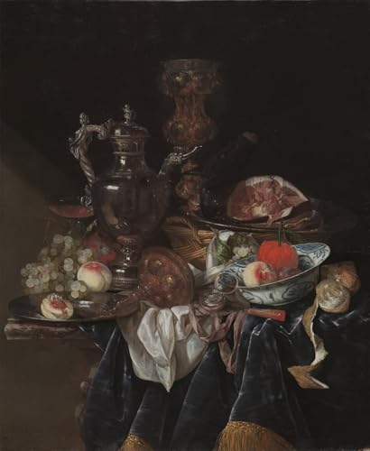Affiche Impression d'art Tableau Pichet à Vin en Argent Jambon et Fruits 60x90cm