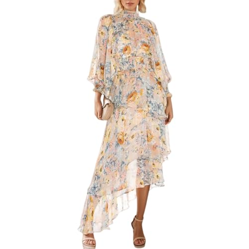 Women's Floral Print High Neck Long Sleeve Maxi Dress 2025 Spring Elegant Casual Party Wear Trendy Wearing Dresses