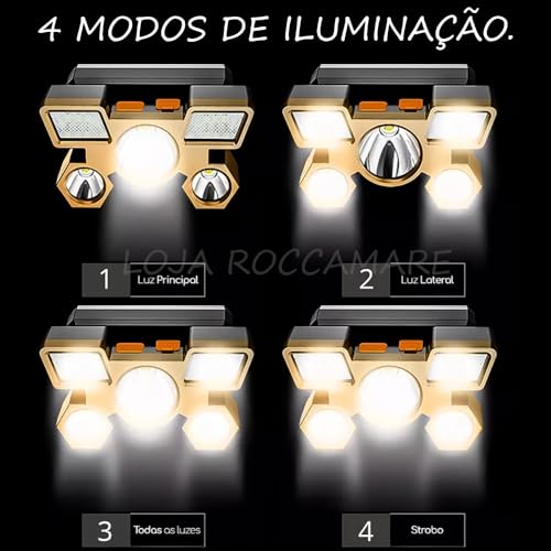 Lanterna Led de Cabeça 5 Leds Recarregável USB para Camping, Pesca, Ciclismo, Trilha, com 4 Modos de