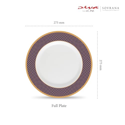 Image of La Opala Diva Sovrana Collection Opal Glass Crockery | Full Plate Set of 6 Regent Blue | Dinner Plate for Dining & Gifting | Microwave Safe | 100% Vegetarian | Extra Strong | Super Light & White