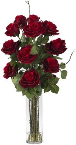 Nearly Natural 1206 Roses with Cylinder Vase Silk Flower Arrangement, Red