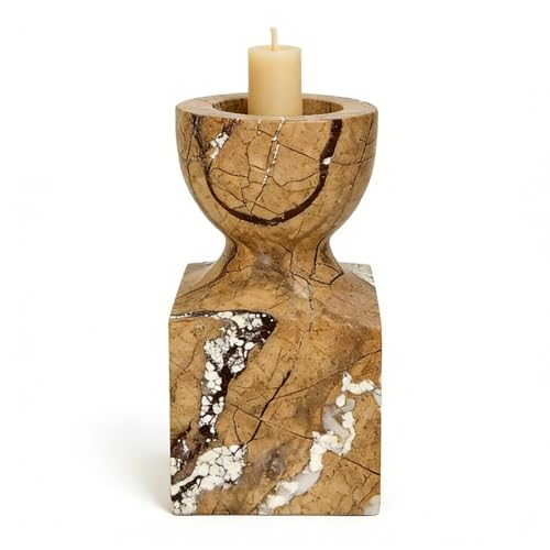 Amber Brown Marble Candle Holder Vessel, Tall Natural Stone Decorative