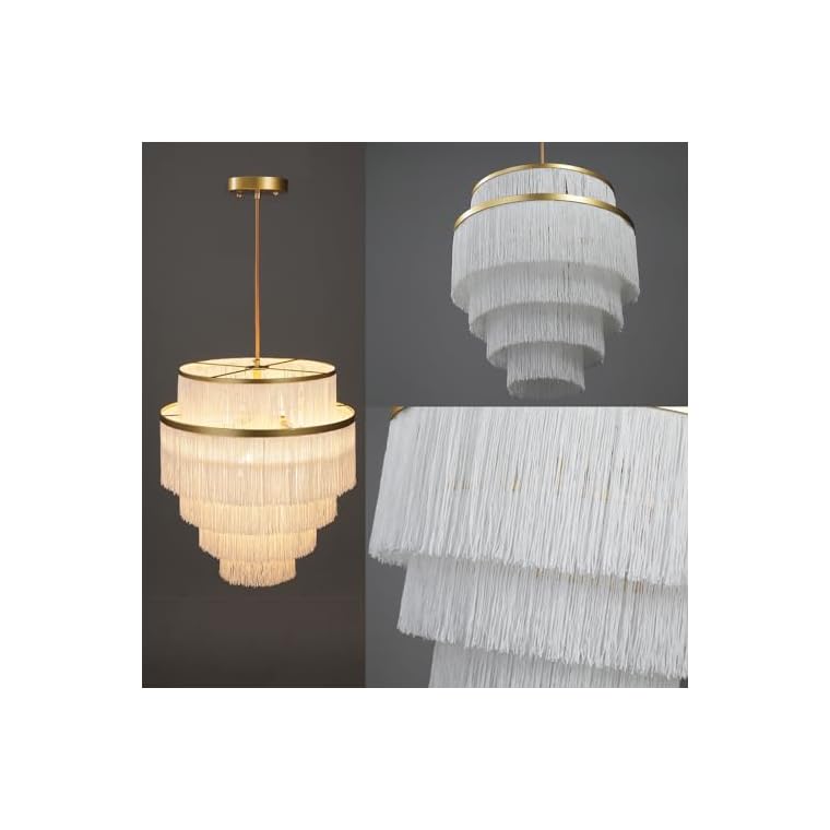 vivihobb 5-Tiered Boho Chandelier with Metal and White Fringe,3 Lights Fringe Pendant Light Fixture,Tassle Chandelier for entryway,Dining Room,Baby Nursery,Gold and White - Image 6