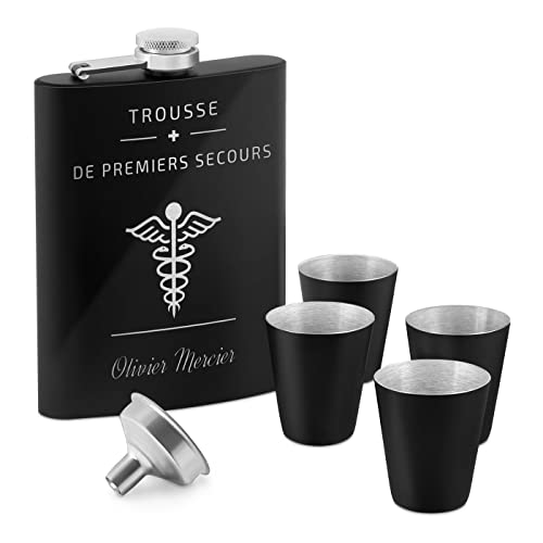Maverton Flasque personnalisée de 200 ml pour lui - Portable Flasque pour voyageur - Set avec 4 verres à shot - Idee Cadeau Homme - Cadeau Anniversaire Homme - Cadeau Noel - Pour ami - Secours