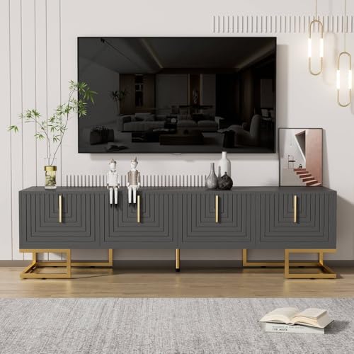 Sweiko Mobile TV con ante strutturate, mobile con cassetti, mobili da soggiorno con maniglie dorate e piedini dorati (nero, grigio, 170 x 40 x 45,5 cm)