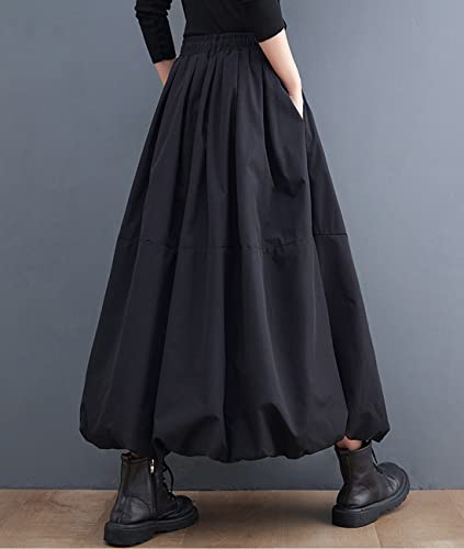 Femiserah Women's Black Elastic Waist A Line Long Bubble Pompom Lantern Skirt3