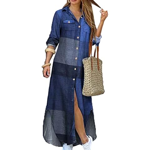 OMZIN Casual Long Sleeve Dress for Women V Neck Long Button Down Dress Full Long Print Dress Blue L Cover