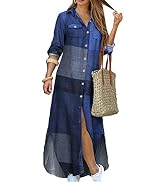 OMZIN Women's Shirts Long Dresses Button Down Vintage Printed Lapel Dress Roll up Long Sleeve Dress