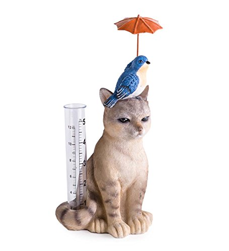 Wind & Weather Cat and Bird with Umbrella Rain Gauge | 9.5 Inches Tall | Garden Decor Outdoor | 5