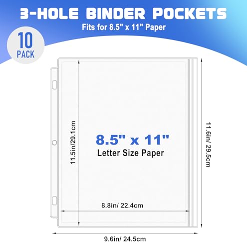 Antner 10 Pack Letter Size Binder Pockets 3 Ring Binder Zipper Pouch, 3-Hole Waterproof Resealable Zip Loose Leaf Insert Bags PVC Document Organizer Folders Page Sheet Protectors for 8.5x11 Paper - Thumbnail 2