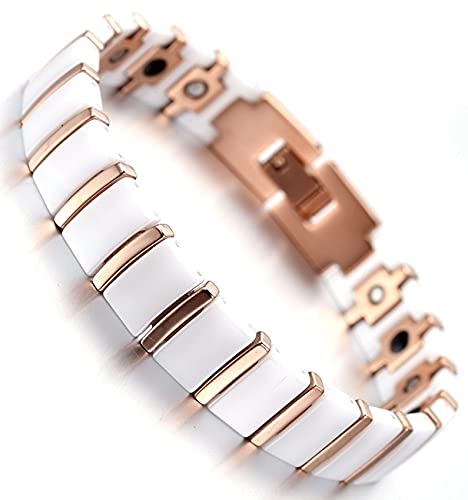Pulsera de cerámica magnética - Athena blanco y cobre 21,4 cm - pulsera anti dolor - pulsera de artritis - pulsera de magnetoterapia - pulsera magnética - pulsera de energía
