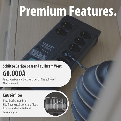 Brennenstuhl Premium-Line Steckdosenleiste 8-Fach mit &Uuml;berspannungsschutz (Mehrfachsteckdose mit Schalter und 3m Kabel, Made in Germany) schwarz