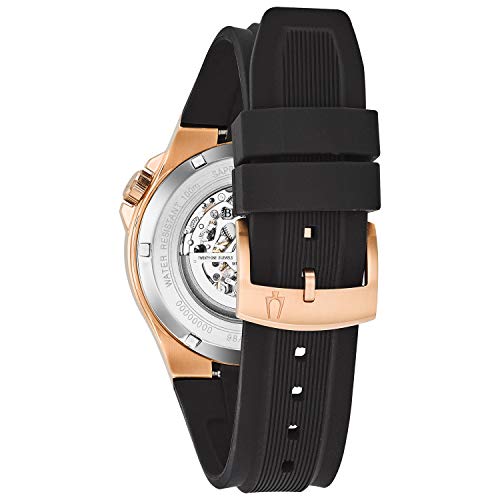 Bulova Men's Classic Maquina Rose Gold Stainless Steel 3-Hand Automatic Watch With Black Silicone Strap, Skeleton Dial Style: 98A177 #TOP2