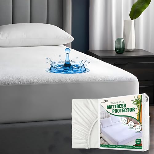 DXCFIT 100% Waterproof Mattress Protector - Soft Cotton Terry Surface Breathable & Noiseless Fitted Mattress Cover Hypoallergenic Pad Topper Machine Washable Sheet (Single Size (90x200x30cm)