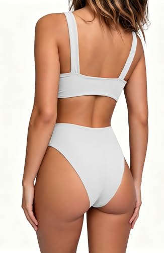Image of geluboao Bikini Set for Women Solid V Neck Knot Front Push Up High Leg Thong Two Piece Swimsuit