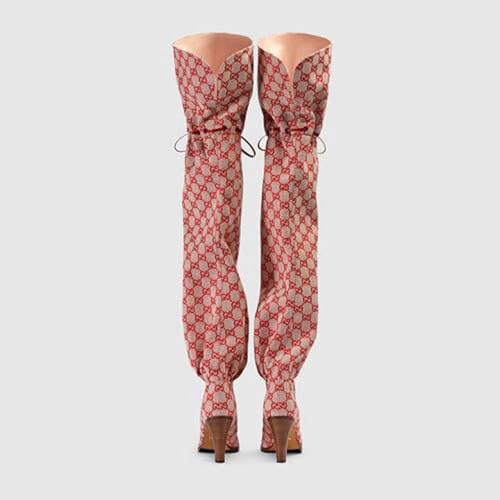 Over The Knee Boots Women,All-Match Round Head Slim High Heel Printing Fashion Long Boots Strappy Lace Up Party Casual,Pink-363