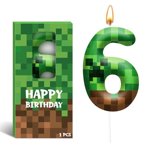 Pixel Birthday Candle Number 6 Themed Cake Party Decor