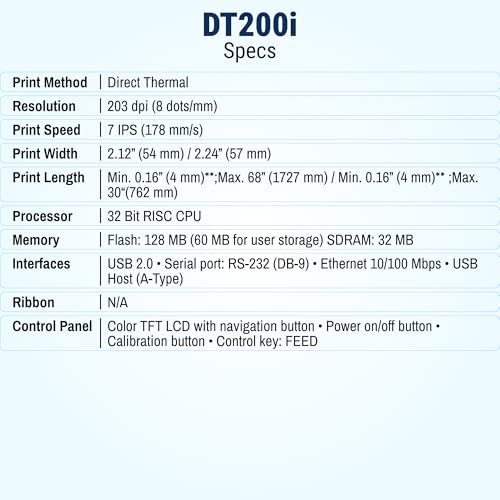 Image of McAuley Labels GoDEX DT200i Direct Thermal Printer - Wristband, Shelf & Specimen Labels Printer - 2 inch, 203 DPI, Color LCD & USB Host, USB /Serial /Ethernet