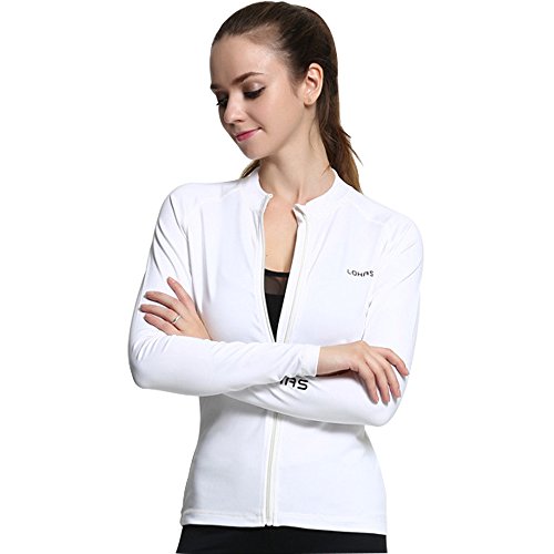 Beauty_yoyo Damen Slim Sport Jacke Stretchable Full Zip Up Active Wear Workout Coat - Weiß - Mittel Cover