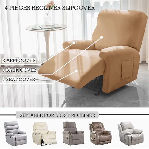 Image of HOKIPO 'SereneSolids' 140 GSM Recliner Stretch Sofa Slipcover 1 Seater Fully Covered 4-Piece Set Machine Washable Furniture Protector with Elasticity for Kids Pet, Camel (AR-4740-CML)