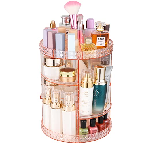 Cq acrylic Pink Makeup Organizer 360 Degree Rotation 4 Layers Adjustable Storage Different Kinds of Cosmetics Multi-Function Large Capacity Makeup Storage Organizer Great for Bathroom Dresser Vanity