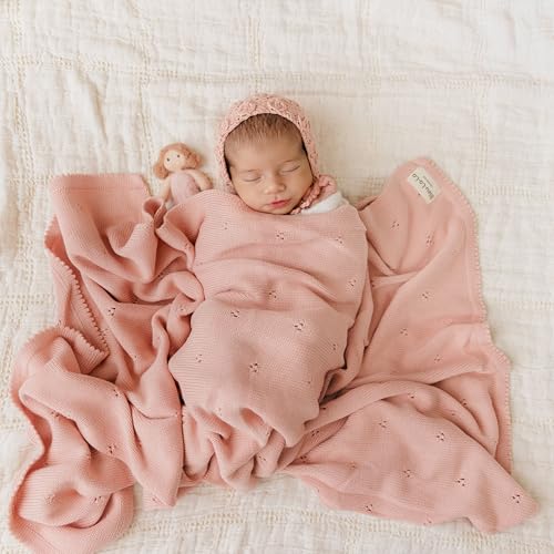 Image of 100% Luxury Organic Cotton Pointelle Knit Baby Quilt Blanket for Girls - Refined Lightweight Heirloom Nursery Essential (Pointelle - Ballet Slippers)