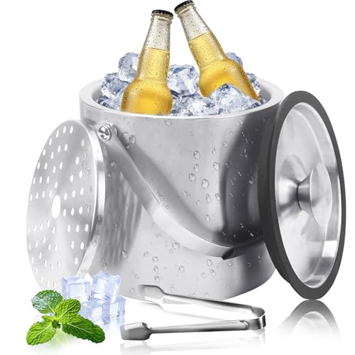 Secchiello Ghiaccio, 4L Porta Ghiaccio con Coperchio, Colino e Pinza per Ghiacci, contenitore termico a doppio parete per ghiacci, raffreddatore per champagne, birra e vino - porta ghiaccio